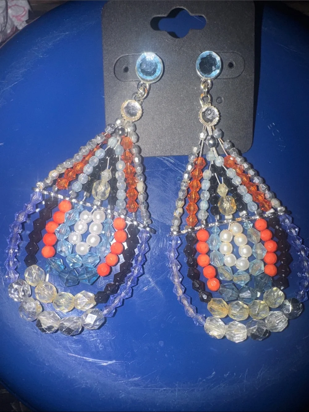 Multicolor Beaded Teardrop Dangle Earrings - Blue, Orange & Gold Accents